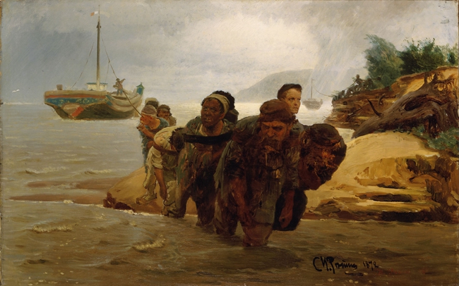 《纤夫涉水》(1872年)是列宾名作《伏尔加河上的纤夫》(1870-1873)的