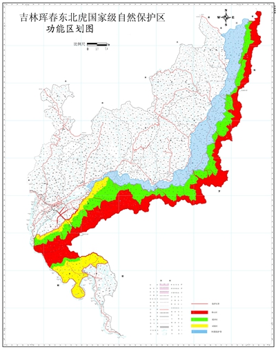 吉林珲春东北虎国家级自然保护区功能区划图。资料来源：珲春市环保局