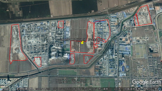 博汇集团非法填埋固体废物位置示意图（红线内为填埋区域）。资料来源：中央环保督察组