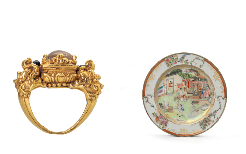 左:御制金戒指一枚,柬埔寨高棉帝国,约14世纪,直径1.61厘米,重22克,Susan Ollemans,伦敦 右:粉彩画珐琅描金瓷碟,清雍正,直径22.5厘米,Jorge Welsh Works of Art,伦敦、里斯本