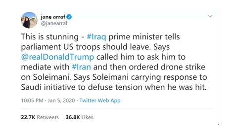 △美国国家公共广播电台(NPR)国际新闻记者Jane Arraf推特截图