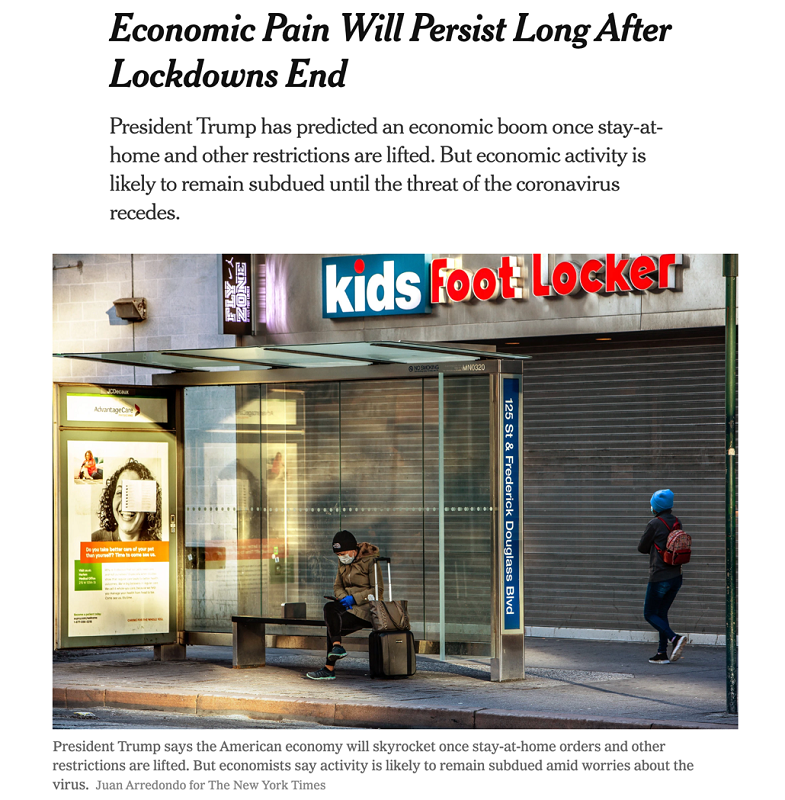 《纽约时报》刊文认为：即使隔离解除，美国仍将经历经济痛苦