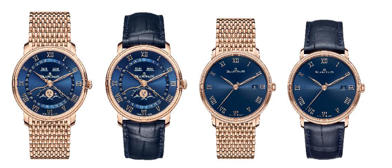 左一左二：宝珀V系列君子蓝全历月相腕表6654  右一右二：宝珀V系列君子蓝大三针超薄腕表6651  均有鳄鱼皮表带或Mille Mailles红金表链两种选择