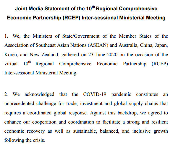 域全面经济伙伴关系协定（RCEP）第10次 部长级会间会联合媒体声明（英文版）