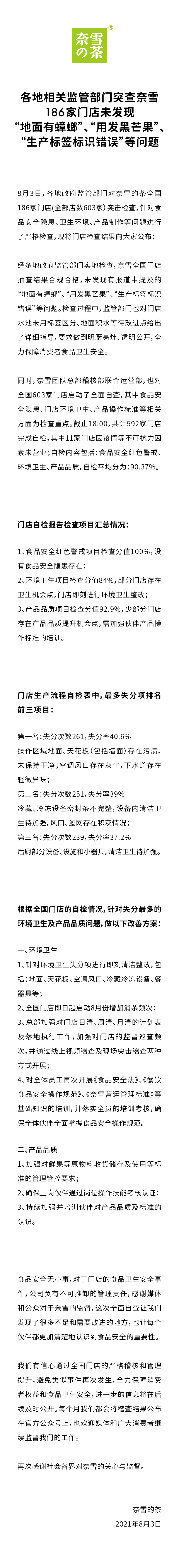 奈雪的茶回应媒体报道 相关监管部门突查门店 未发现 地面有蟑螂 等问题