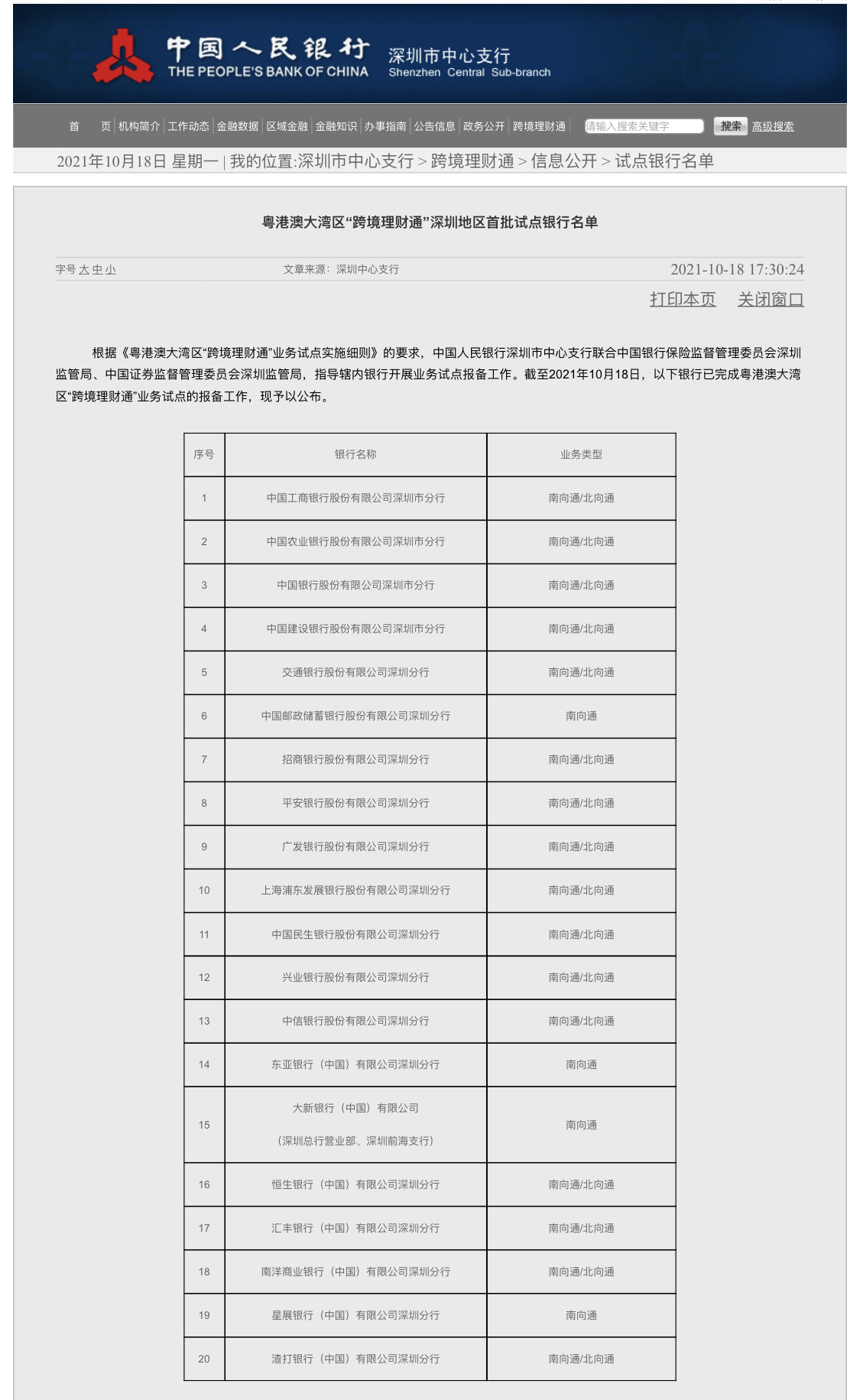 财通”首批试点银行名单，相关银行最快19日可开始提供跨境理财通服务。