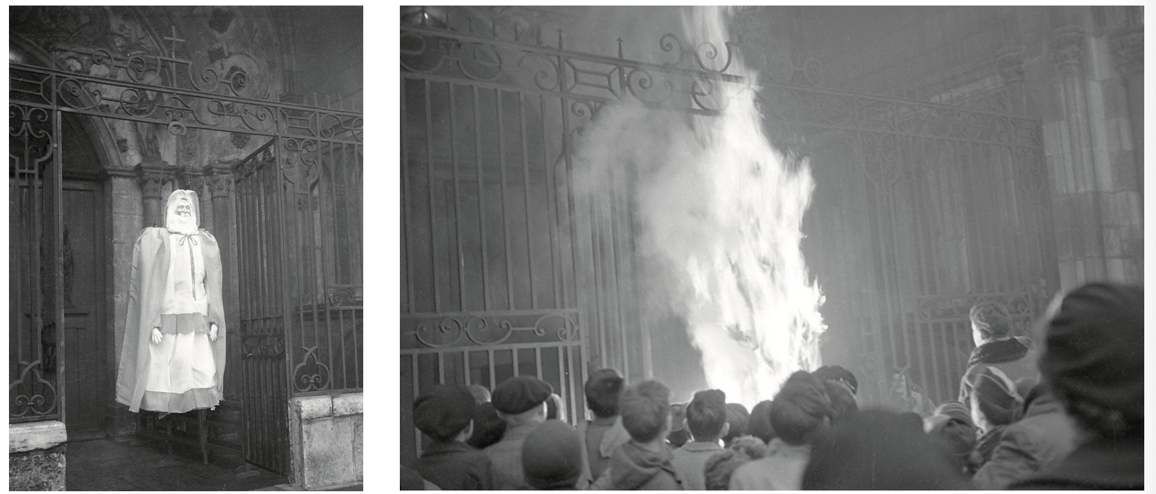 被吊挂在第戎大教堂前庭栏杆上的圣诞老人模型，稍后被当众处以“火刑”