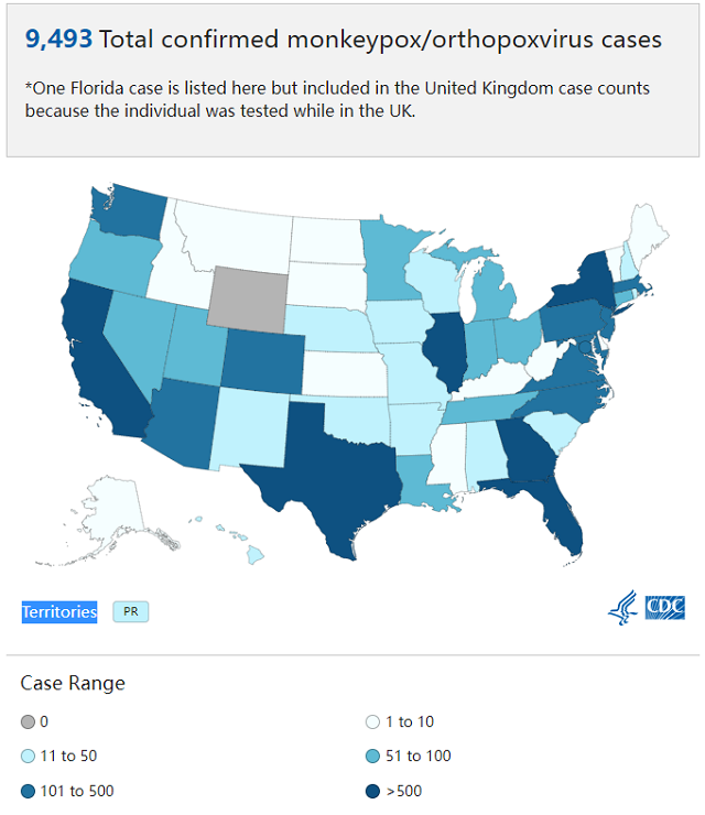 美国猴痘确诊病例高达9493例（来源：CDC网站）