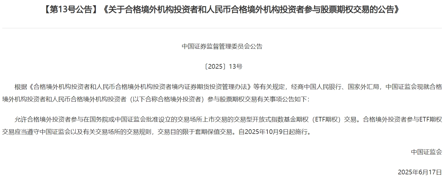 证监会:允许合格境外投资者参与ETF期权交易