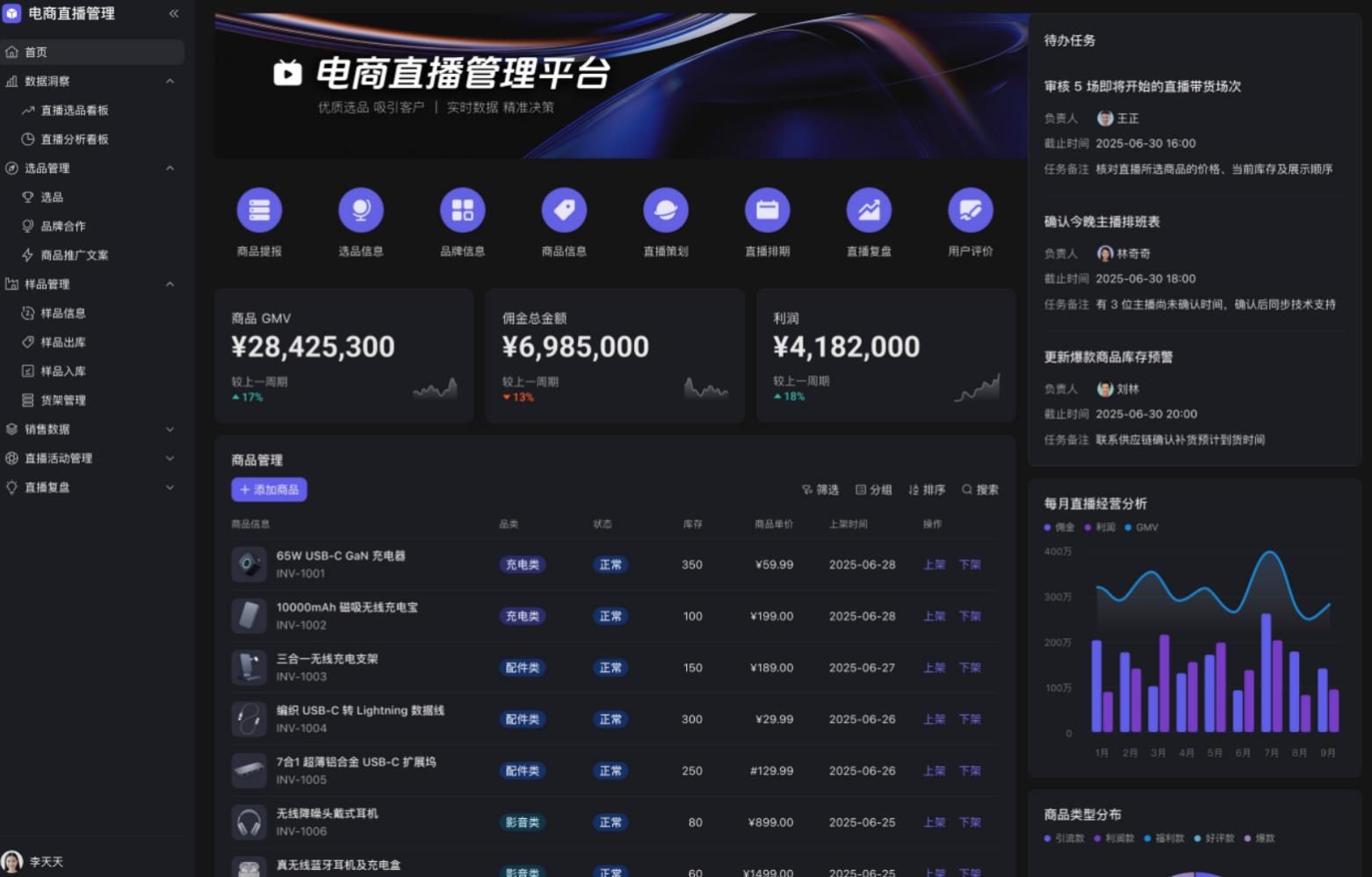 一个使用多维表格应用模式搭建的电商直播管理平台