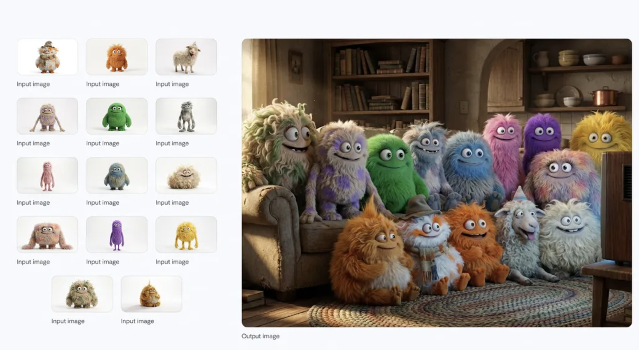 提示词：一个中景镜头，14个毛茸茸的小家伙并排挤在一张米色旧布艺沙发上和地板上。它们都面向前方，看着一台老式木盒电视机，电视机放在沙发前的一张矮木桌上。房间光线昏暗，左侧窗户透进温暖的光线，电视机的光芒照亮了小家伙们的脸庞和毛茸茸的触感。背景是一个温馨略显凌乱的客厅，铺着编织地毯，书架上摆放着旧书，远处可见一些质朴的厨房元素。整体氛围温暖、舒适而又充满趣味。