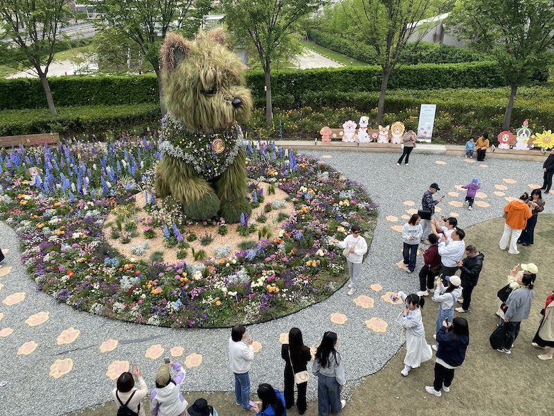 在苏河湾万象天地，5米多高的“潦草小狗”绿植吸引关注。（佟鑫拍摄）