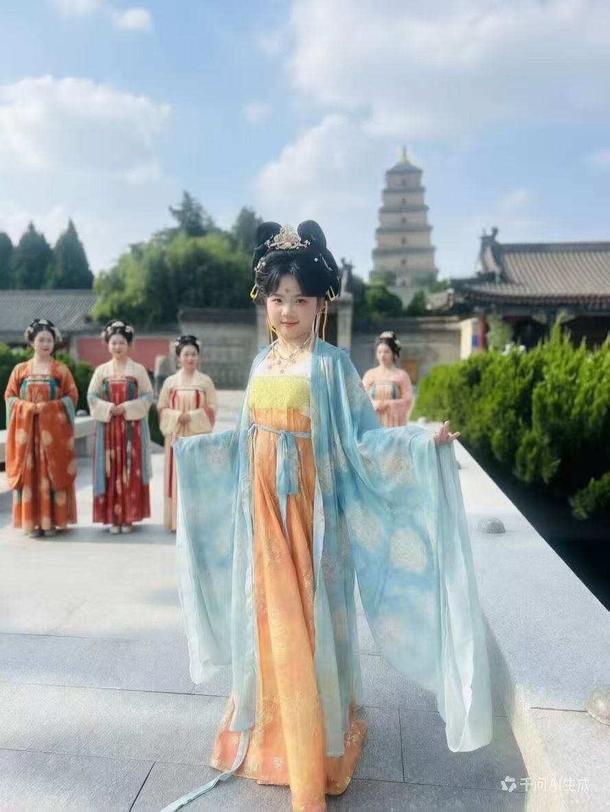 上海浦东五年级学子黄珞梵在西安大雁塔下体验盛世唐装