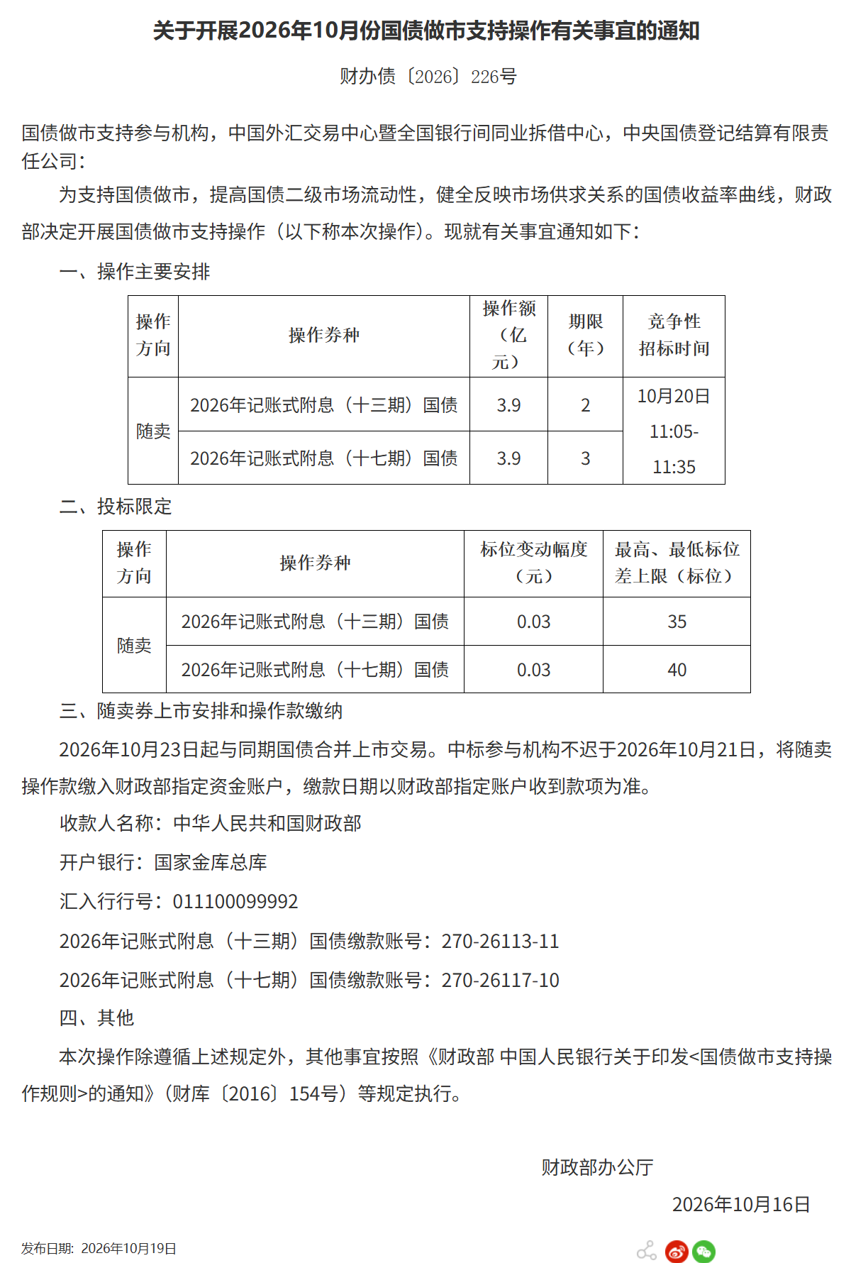 财政部决定开展10月份国债做市支持操作