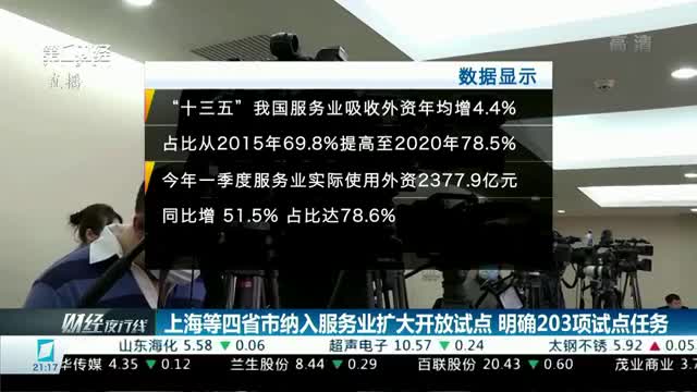 上海等四省市纳入服务业扩大开放试点 明确203项试点任务